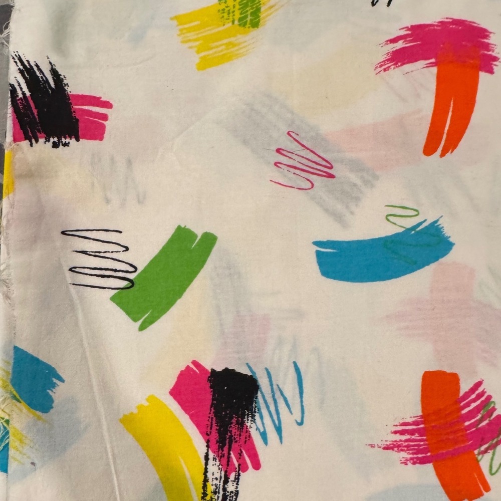 Vintage 80s Abstract Paint Stroke Fabric 4 Yards Memphis Style Neon Multi Color
